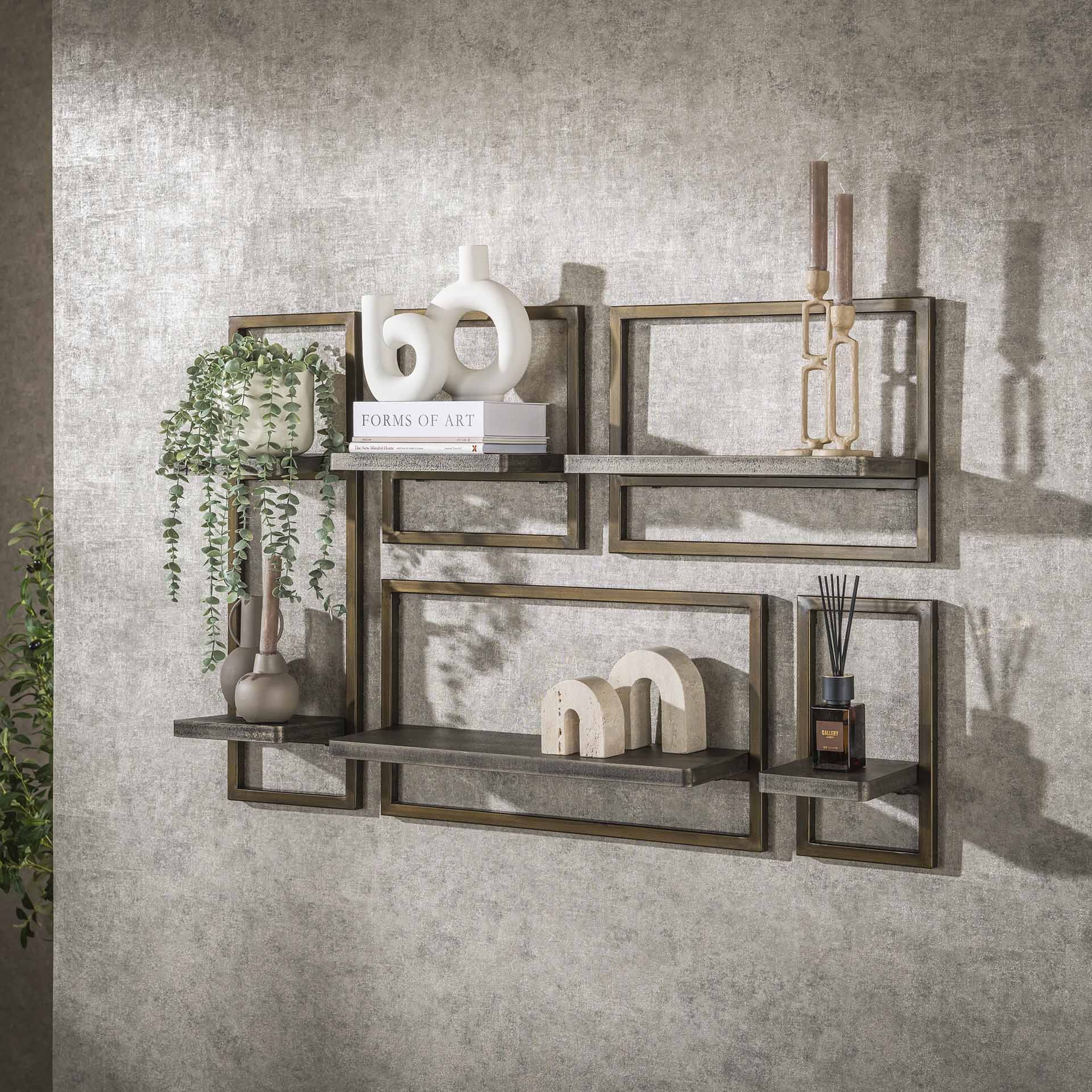 LifestyleFurn Wandplank Dishon Antiek Brass – Set van 5 stijlvolle ferro schappen