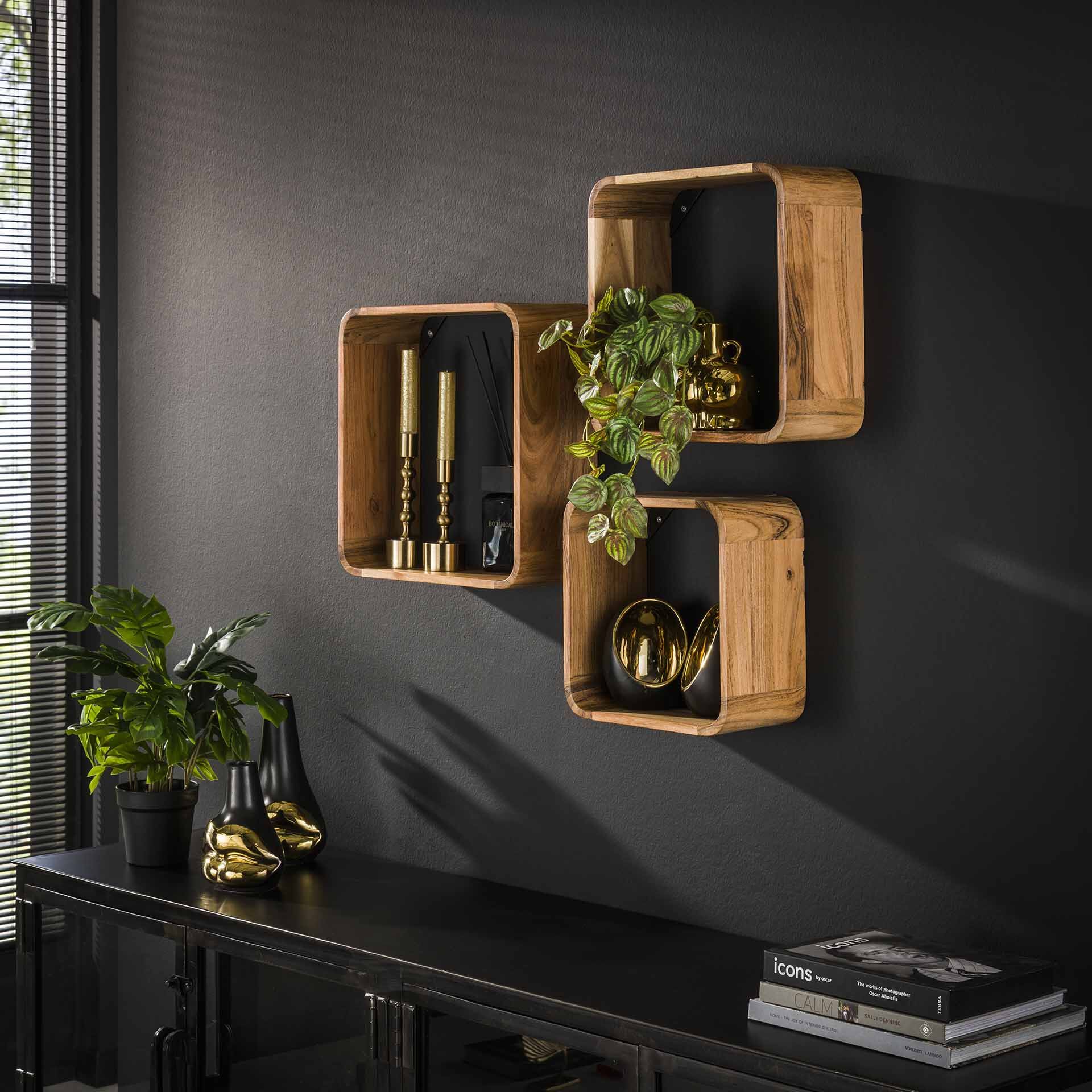 LifestyleFurn Wandplank Grover acaciahout – Set van 3 stijlvolle massief houten rekjes