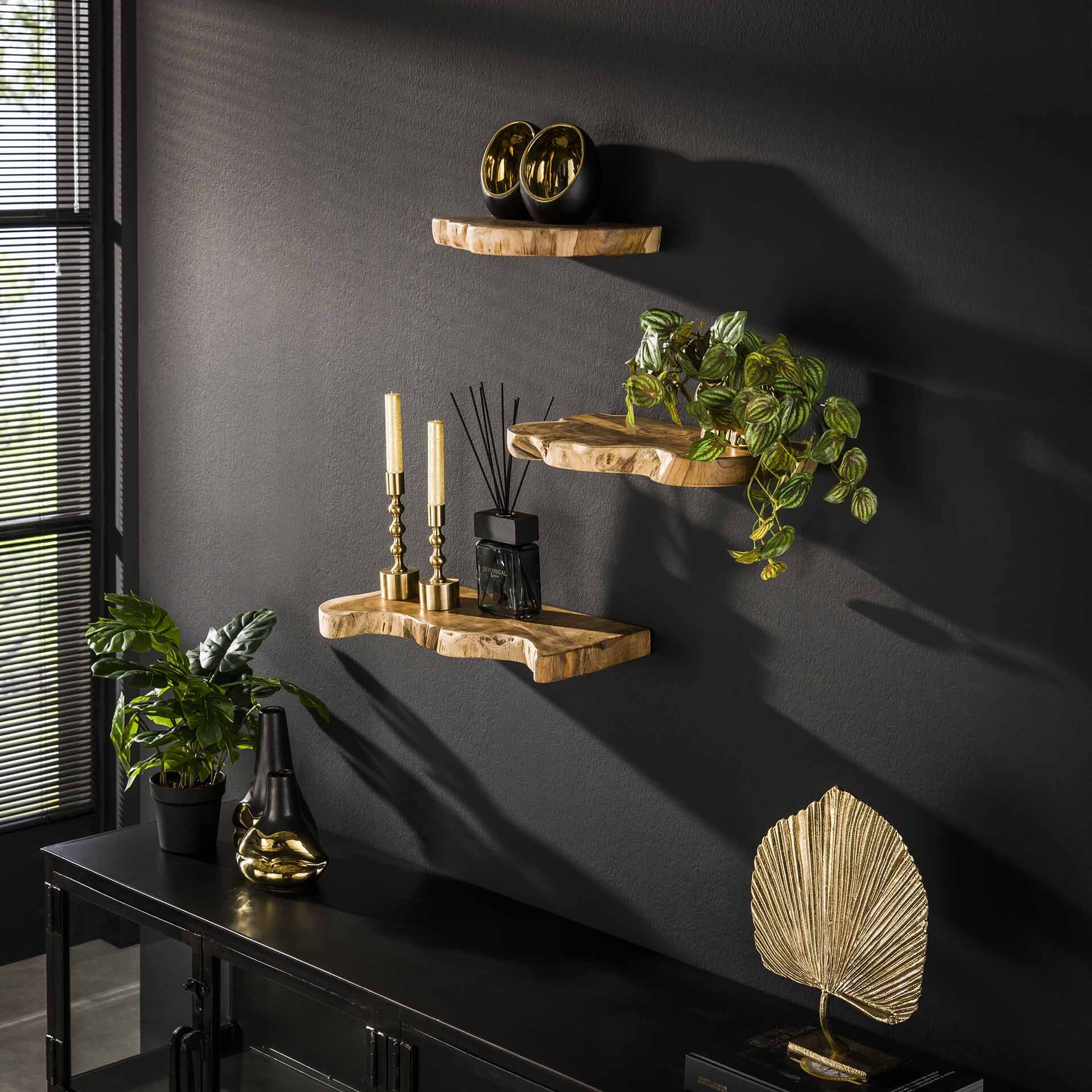 LifestyleFurn Wandplank Jenene – Set van 3 massief gerecyclede teakhouten live‑edge planken