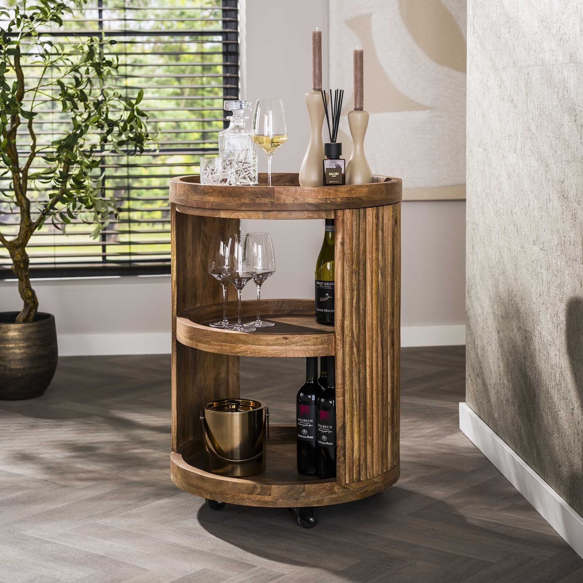LifestyleFurn Wijntrolley Manna – Elegante Mangohouten Trolley voor Serveren en Presenteren