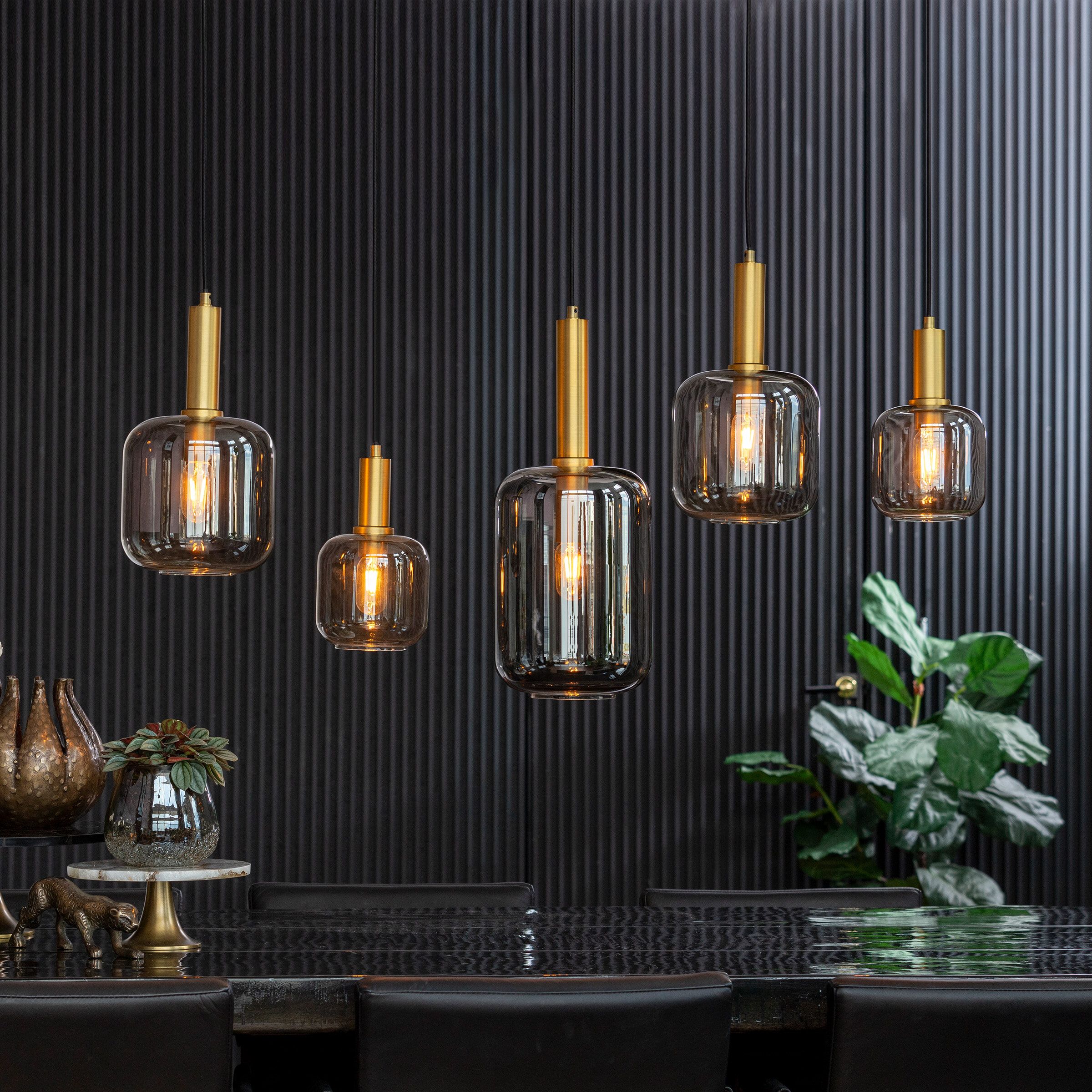 Light & Living Hanglamp Lekar – 5‑lampen in antiek brons en smoky glas