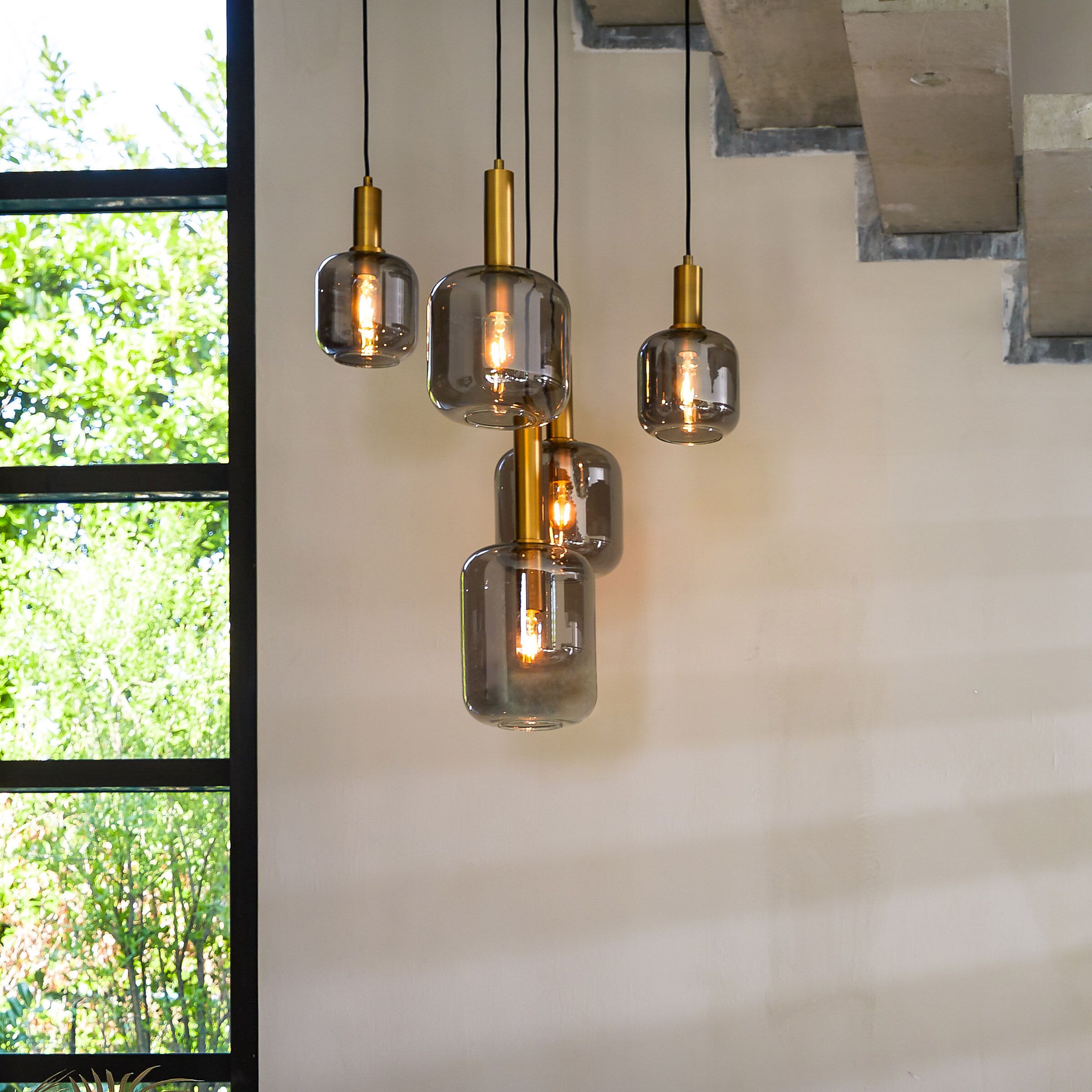 Light & Living Hanglamp Lekar – 5 lampen in antiek brons/smokey glas