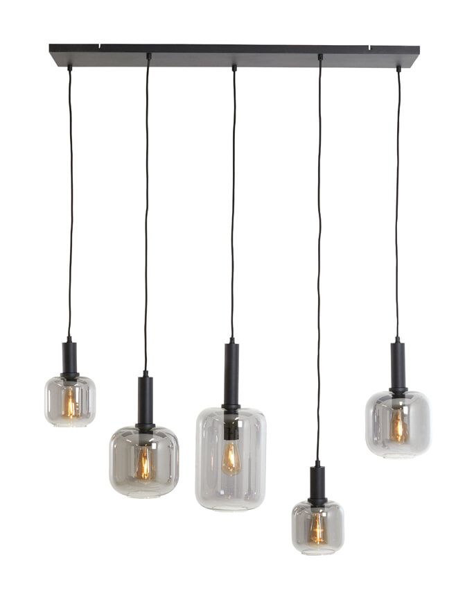 Light & Living Hanglamp Lekar – 5‑lampen, mat zwart & smoke, in hoogte verstelbaar
