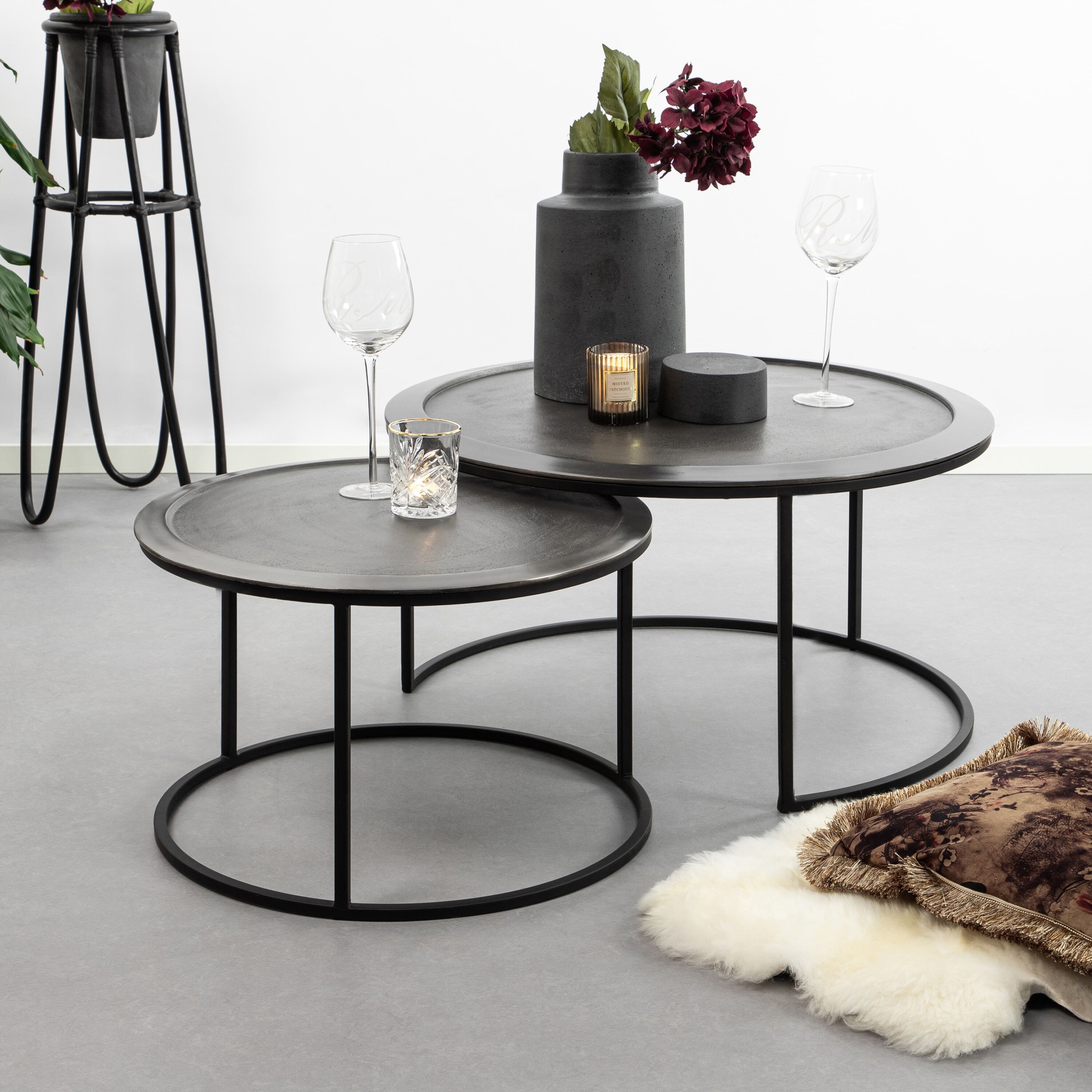 Light & Living Talca Salontafel Set – Ronde Metalen Tafels 60/78 cm, Antiek Lood