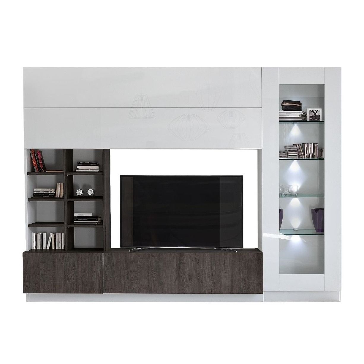 Line TV‑wandmeubel 280 cm – Hoogglans wit met wenge eiken