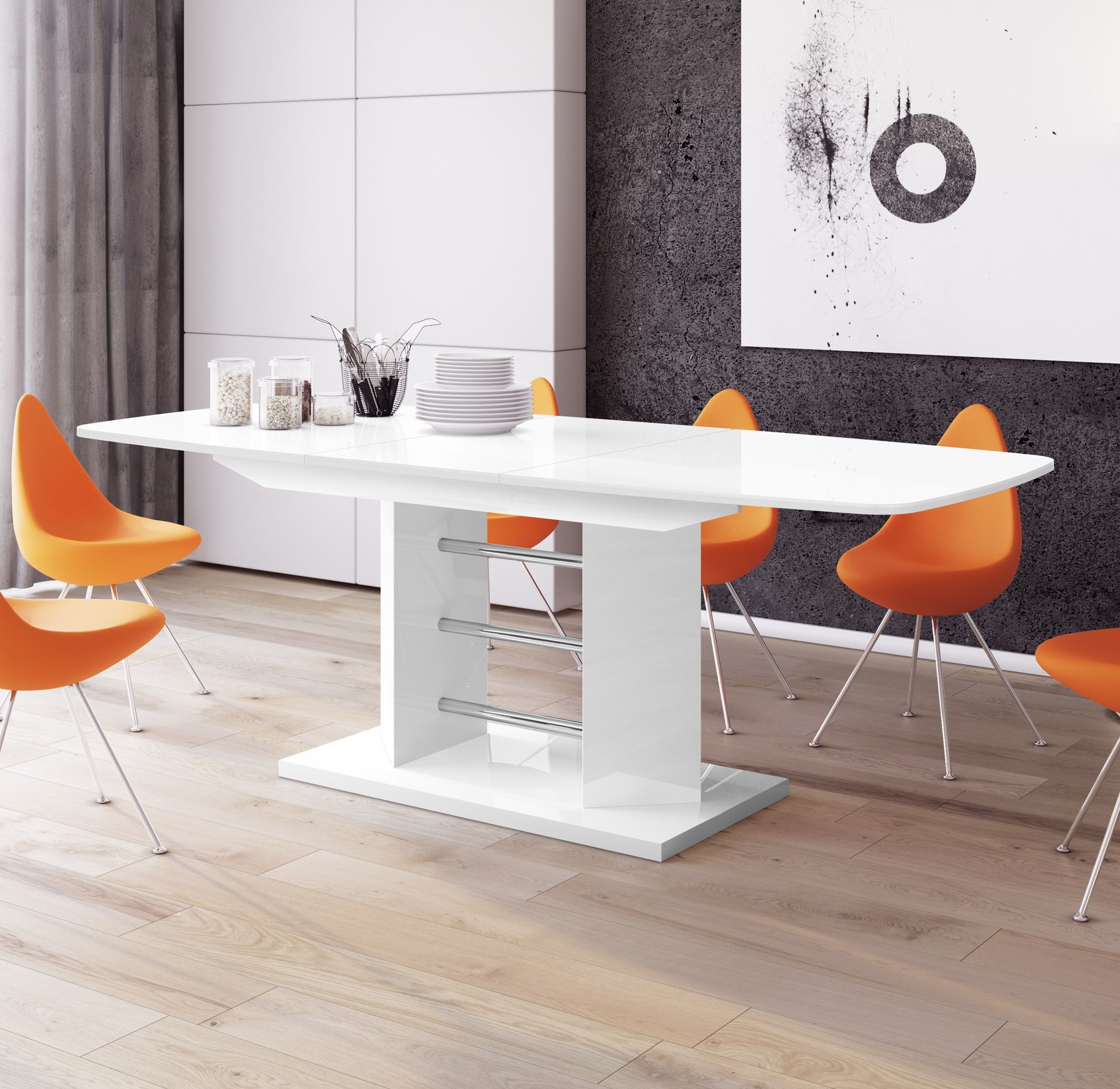 Linosa uitschuifbare eettafel – hoogglans wit, 160 – 256 cm