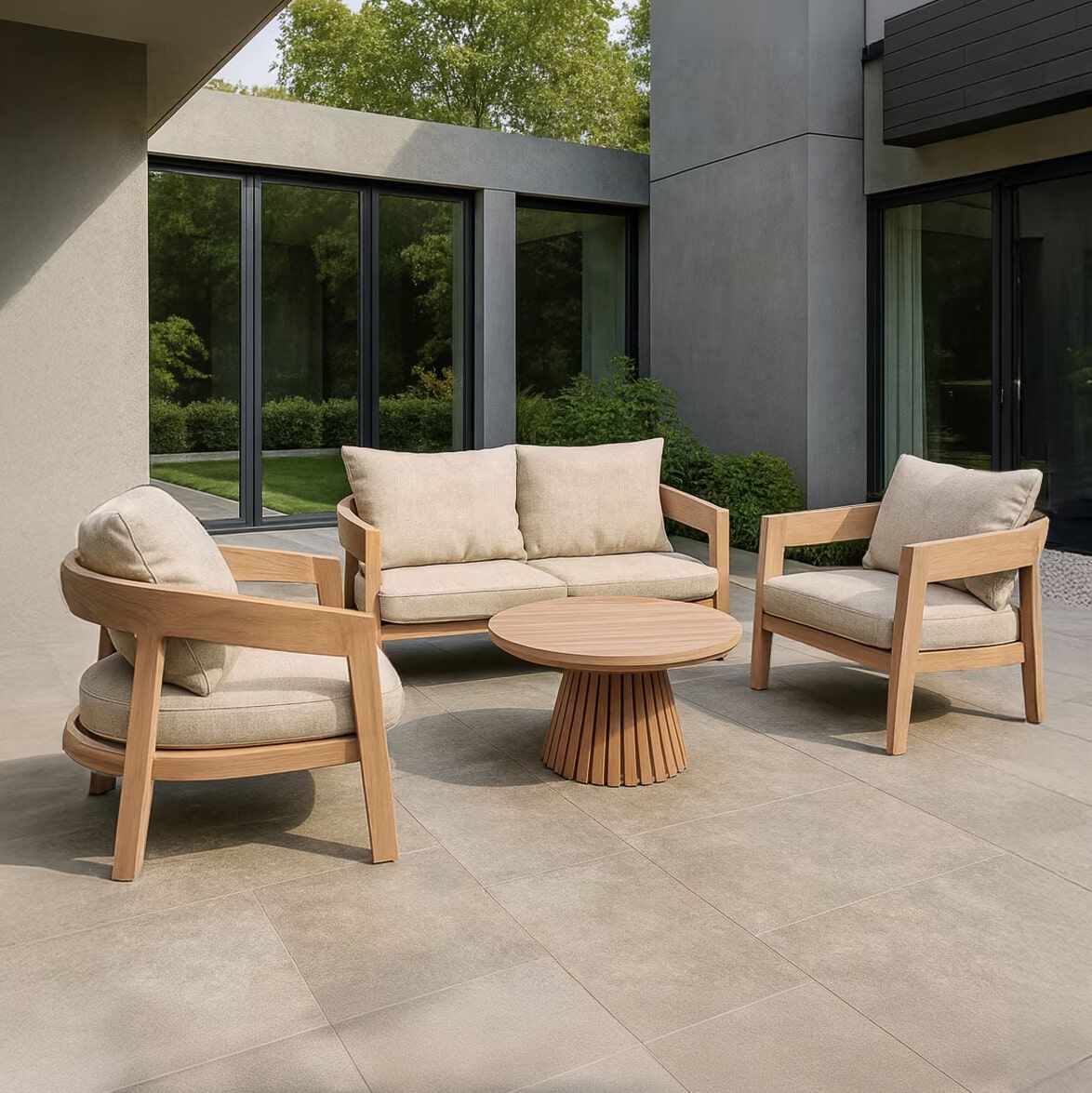 Livingfurn Bilbao Loungeset – Teakhouten tuinmeubel met bank, 2 stoelen en bijpassende tafel