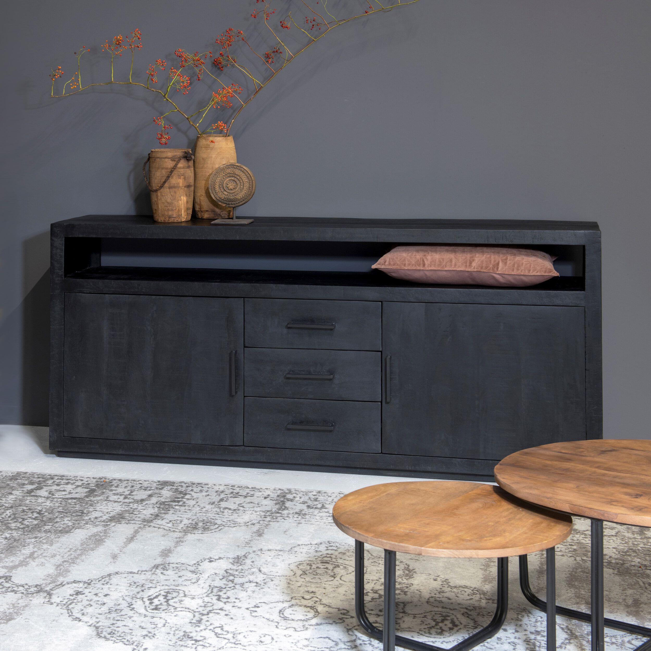 Livingfurn Dressoir Jaxx Mangohout – Strakke Zwarte Kast van 180 cm