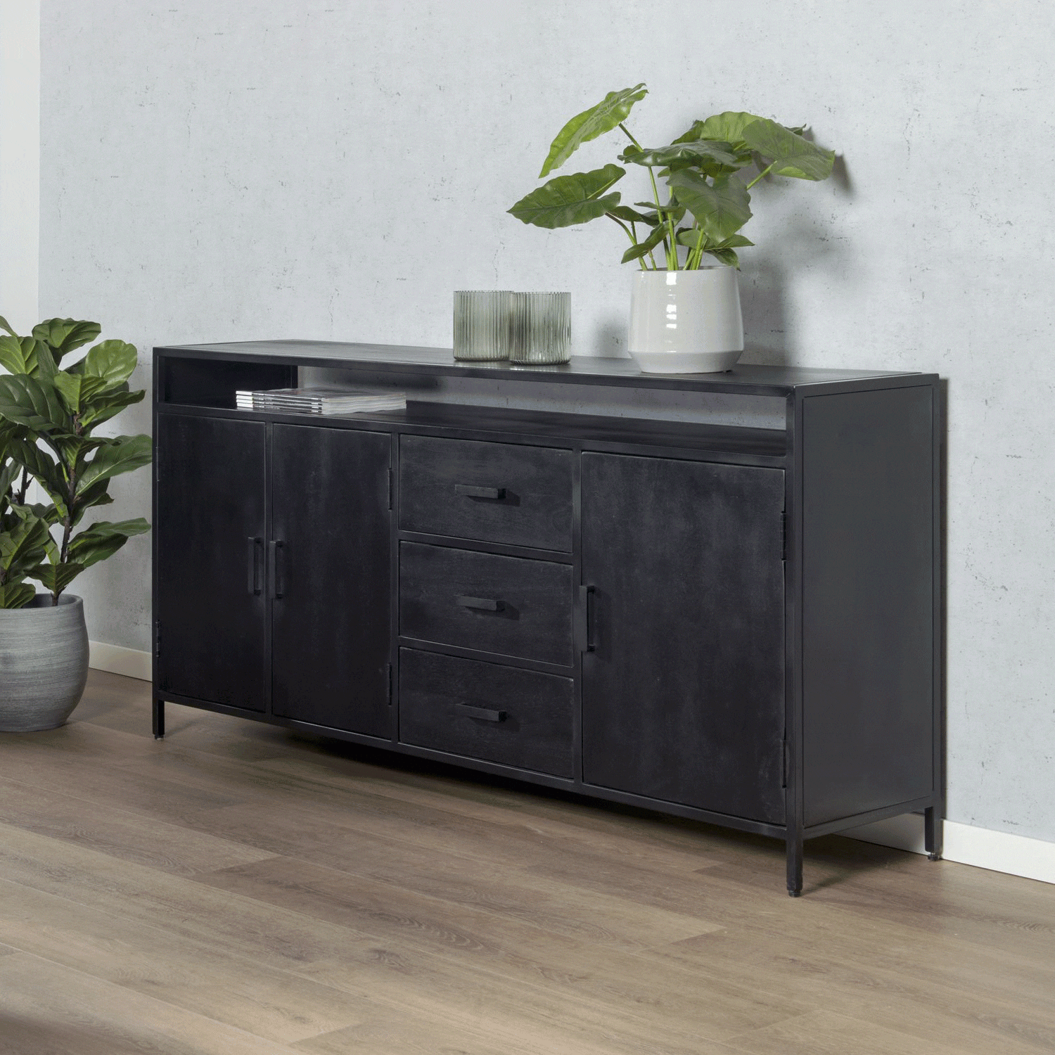 Livingfurn Dressoir Kala – Strak Mangohouten Dressoir 180 cm in Zwart