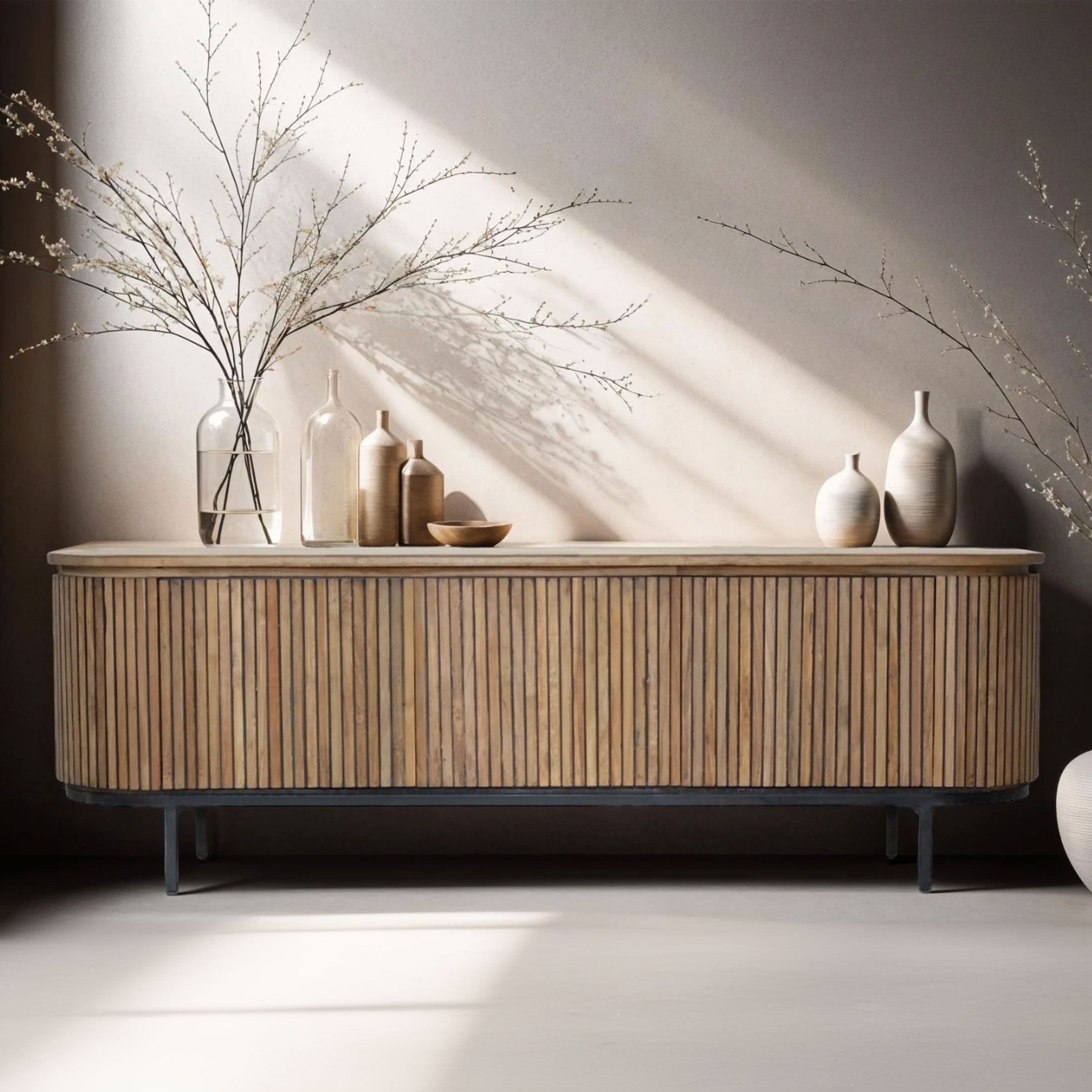 Livingfurn Lausanne TV‑meubel 170 cm – Luxe teakhout met zwart stalen onderstel