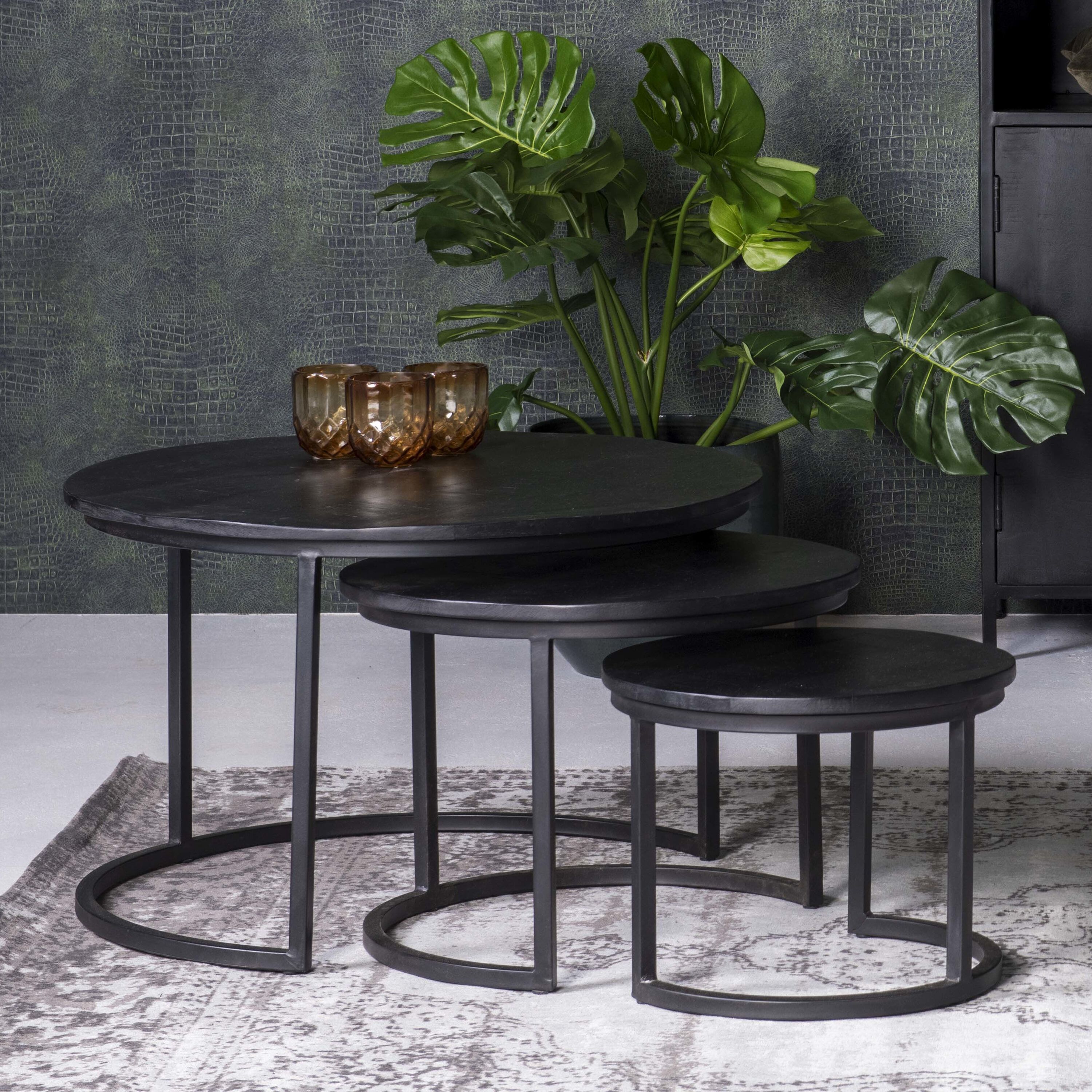 Livingfurn Salontafel Kala – Elegante ronde set van 3 zwart afgewerkte tafels