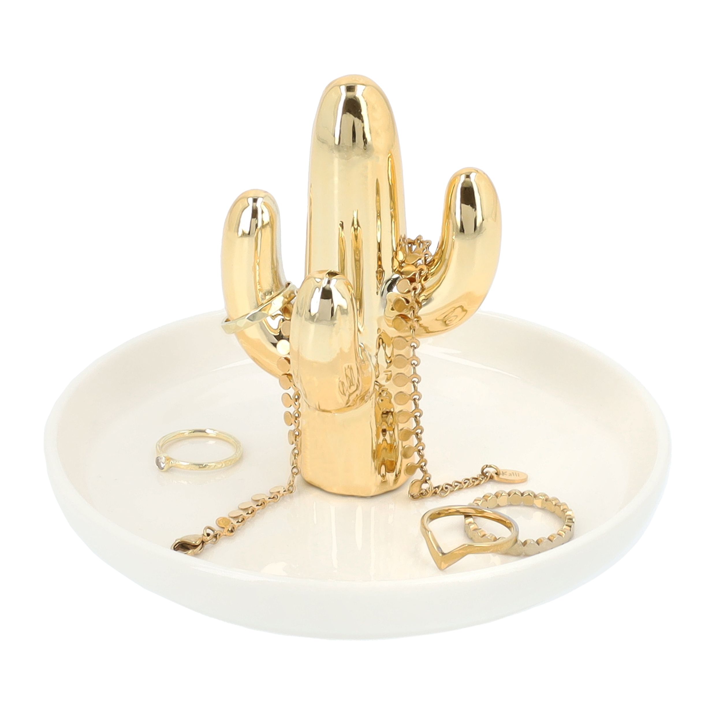 LYVION Cactus sieradenhouder – Goud & wit keramiek, 13 cm x 13 cm x 10 cm