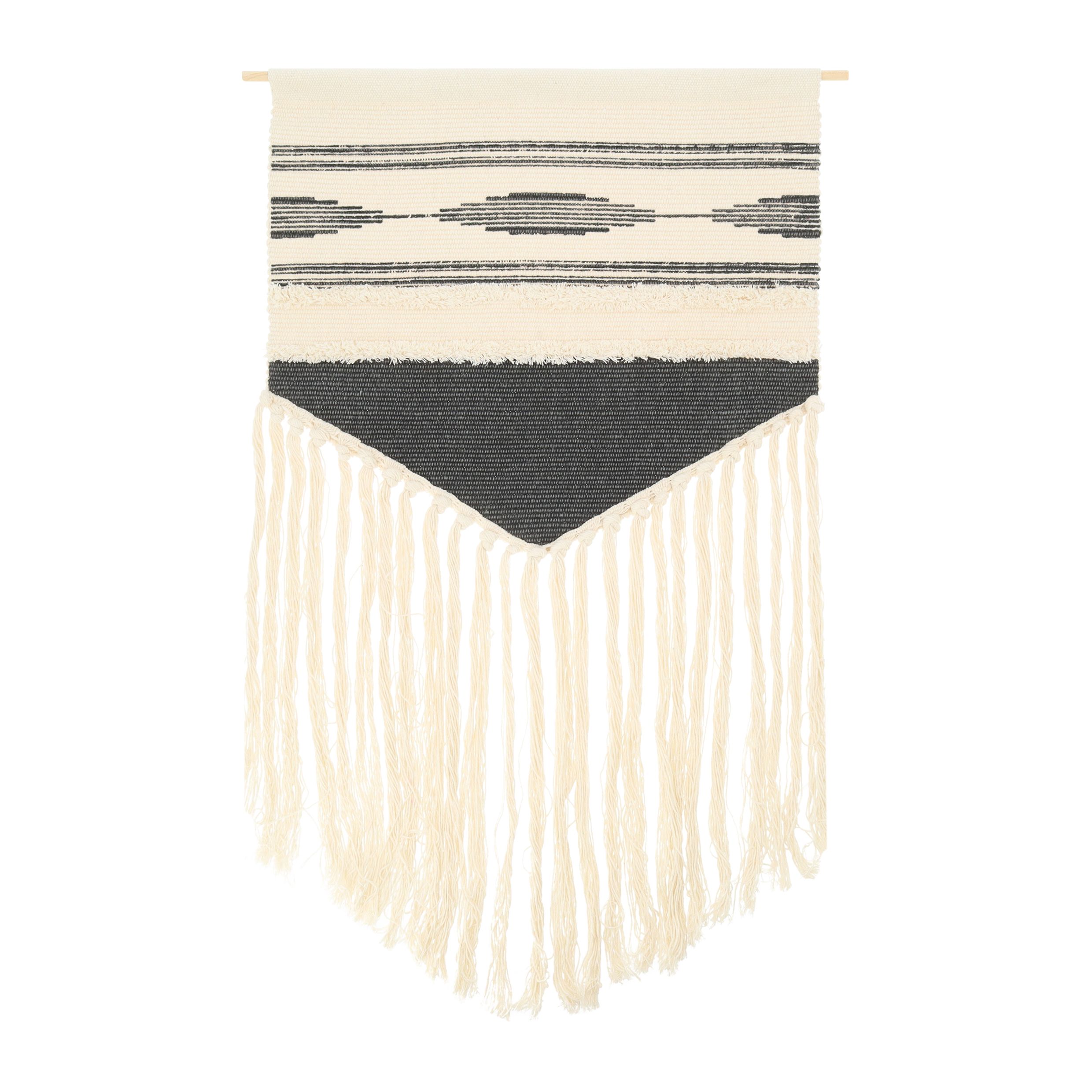 Macramé Wandkleed QUVIO – Grijs‑Wit met Lange Franjes