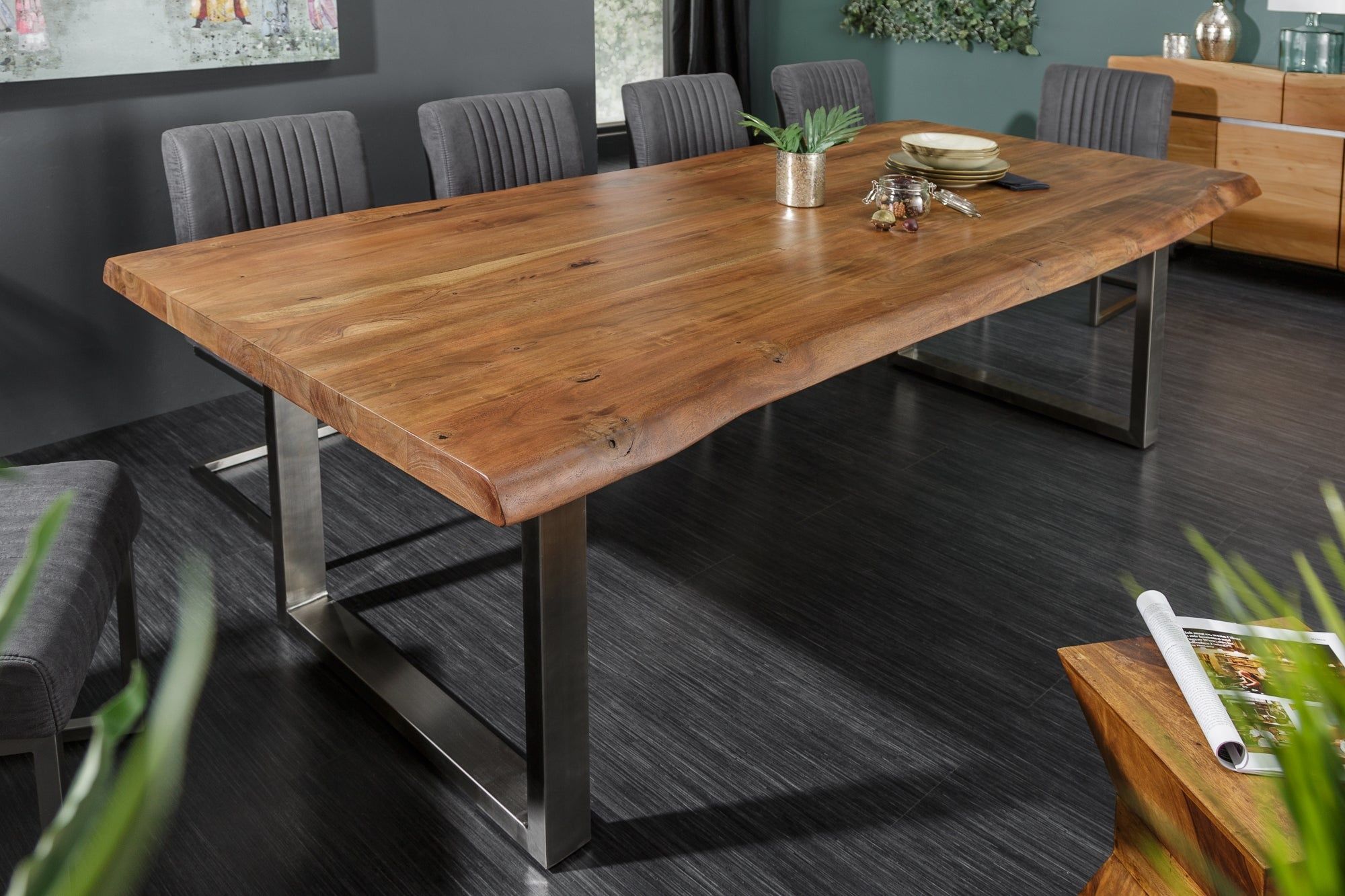 Mammut eettafel 220 cm – massief acaciahouten blad in honingafwerking | Invicta Interior