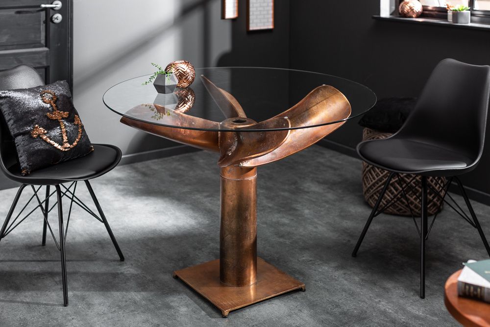 Maritieme eettafel OCEAN – 105 cm gevlamd koper, glas & scheepsschroef