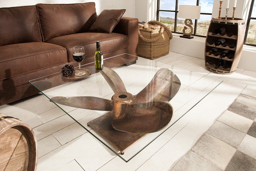 Maritieme Salontafel OCEAN L – Antiek koper, 85 cm met scheepsschroef