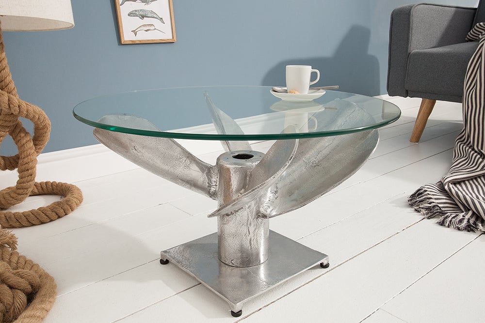 Maritieme Salontafel OCEAN M – Antiek Zilveren Rond Design met Scheepspropeller en Glazen Blad