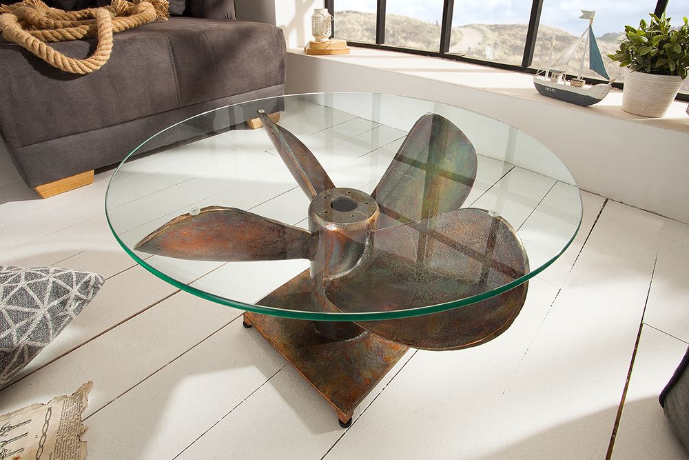 Maritieme Salontafel OCEAN M – Rond, 60 cm, Gevlamd Koper & Glazen blad