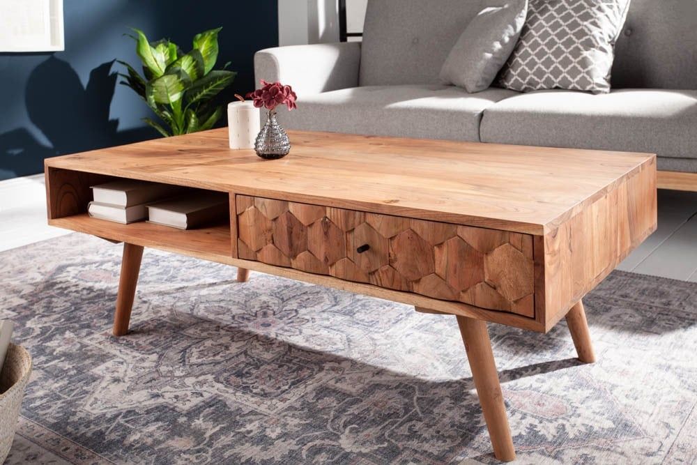 Massief acaciahout salontafel Mystic Living – 100 cm, met slimme opbergruimte