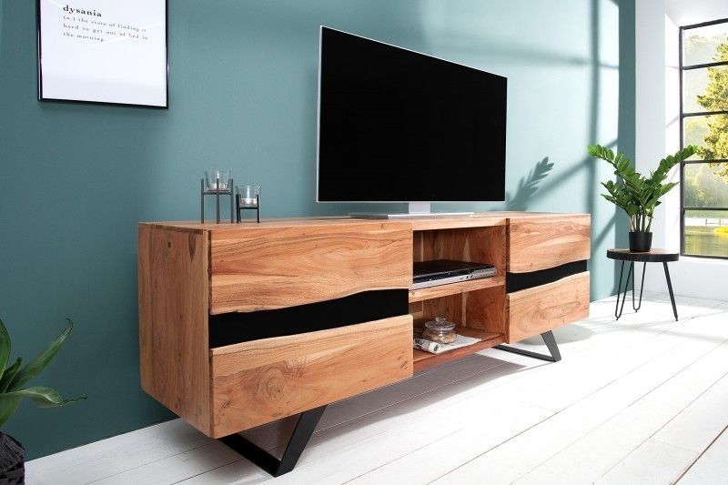 Massief Acaciahouten TV‑meubel AMAZONAS – Stijlvol Lowboard met Metalen Frame
