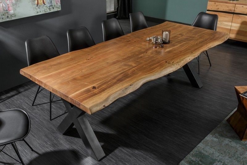 Massief Acaciatafel “Mammut Nature” – 200 cm Hoogwaardige Eettafel met Zwart X‑Frame