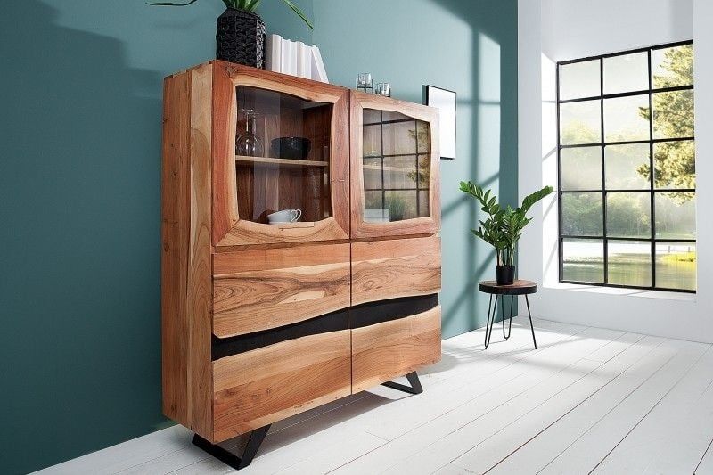 Massief Dressoir AMAZONAS – Elegante Acacia met Metalen Vitrinekast