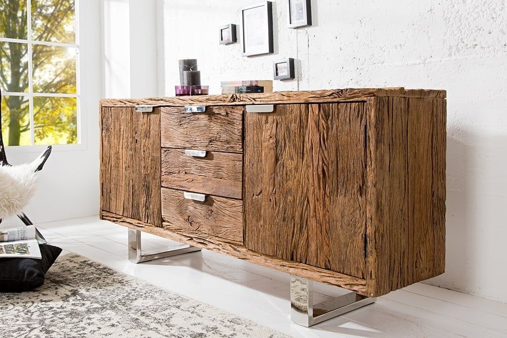 Massief dressoir BARRACUDA 160 cm – antiek teakhout met stalen sledepoten