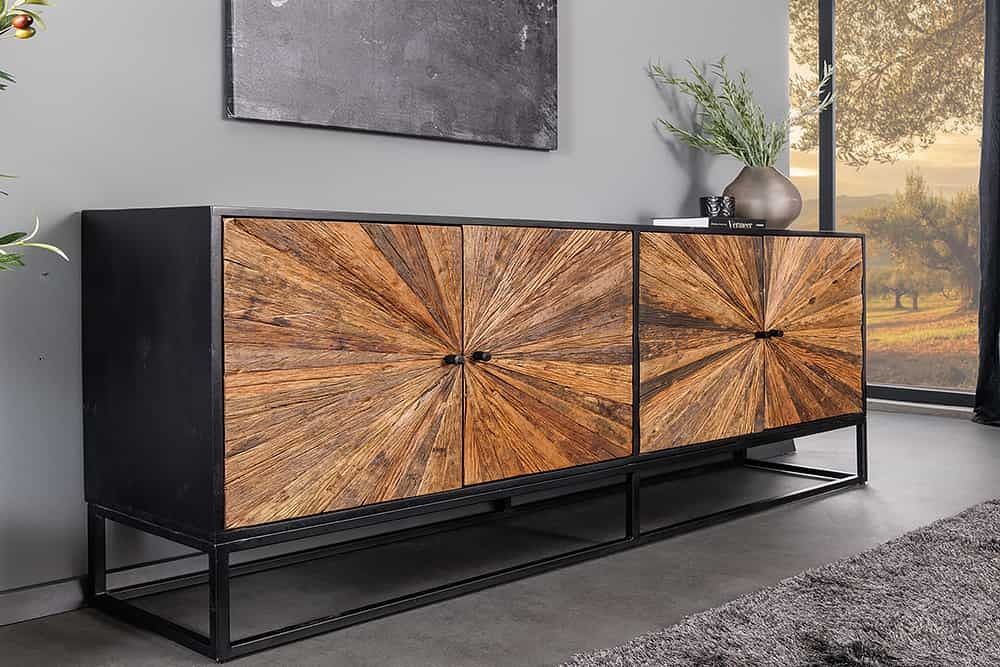 Massief dressoir BARRACUDA – 180 cm mangohout met teakhouten front & zwart metaal