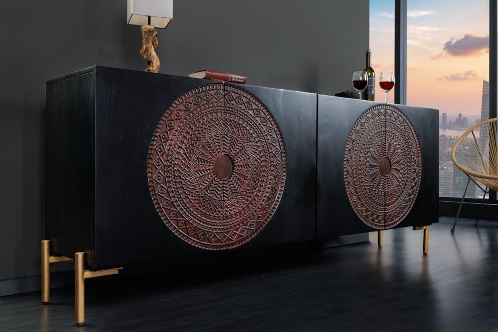 Massief dressoir Mandala 160 cm – Mangohout met zwart‑gouden poten