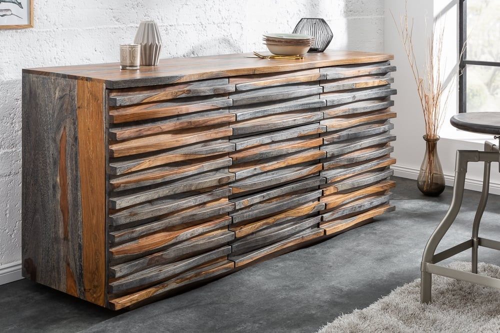 Massief Dressoir RELIEF 160 cm – Sheeshamhout met Grijze Rookafwerking