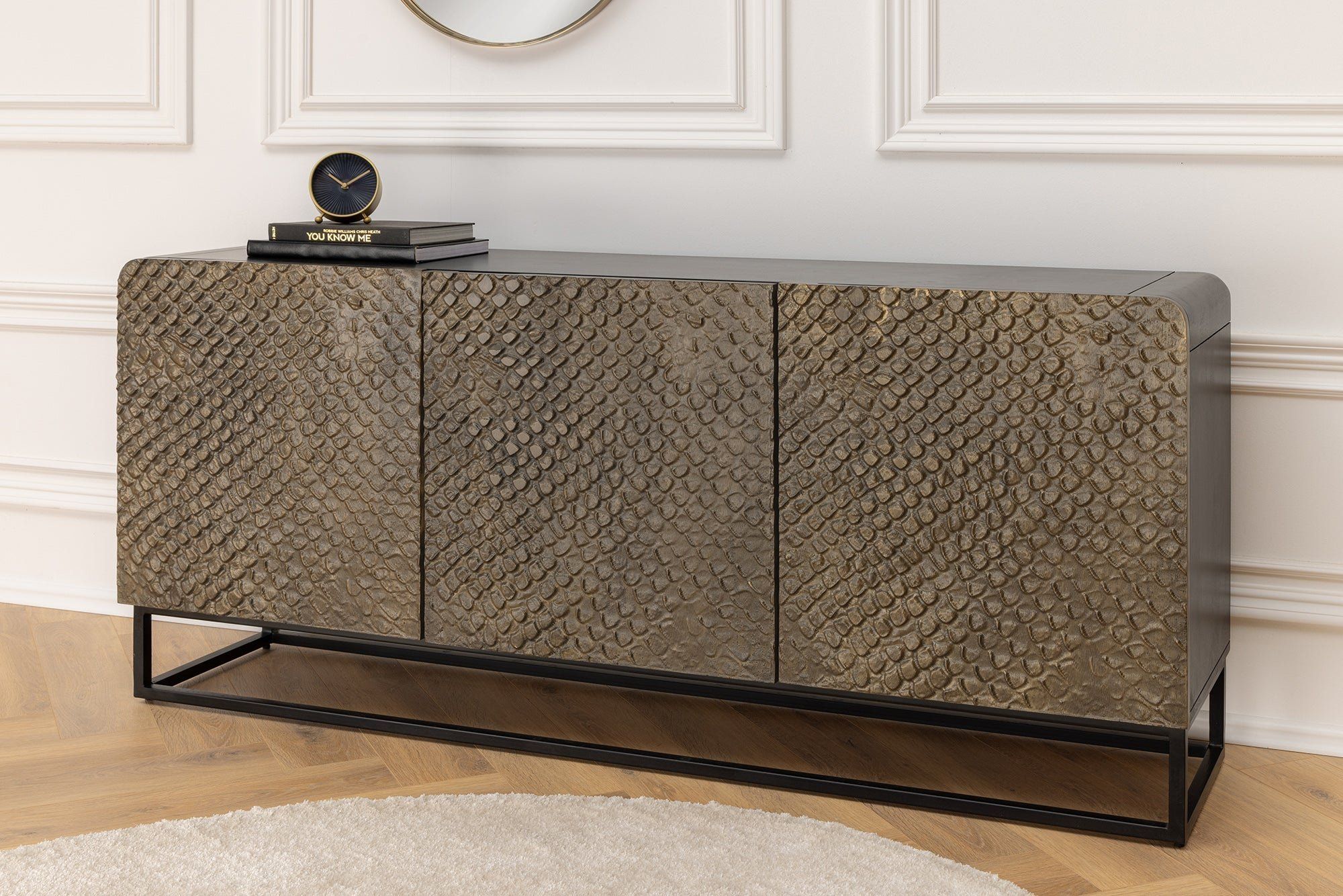 Massief dressoir SNAKE 160 cm – Elegante mangohouten statement met 3D slangendessin