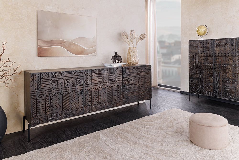 Massief Dressoir Tribal 180 cm – Antiek Bruin Mangohout met 3D‑Front en Veel Opbergruimte