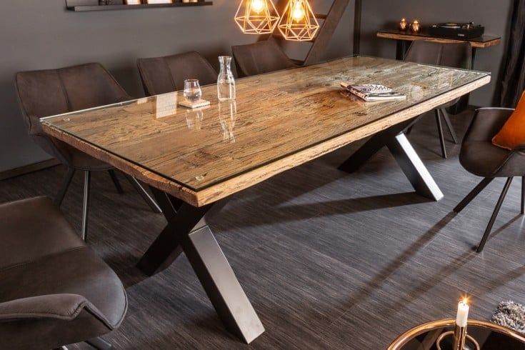 Massief eettafel Barracuda 220 cm – Natuurlijk teakhout met zwart X‑frame