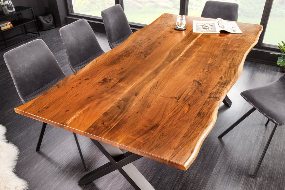 Massief eettafel Mammut Nature – 180 cm met zwarte X‑frame en acaciahoutrand