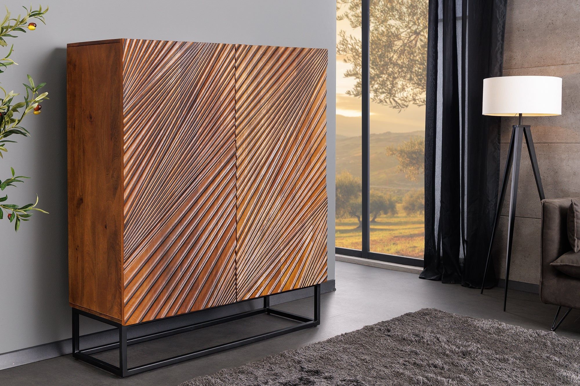 Massief Highboard ART – 120 cm strak design in bruine mangohout en zwart metaal