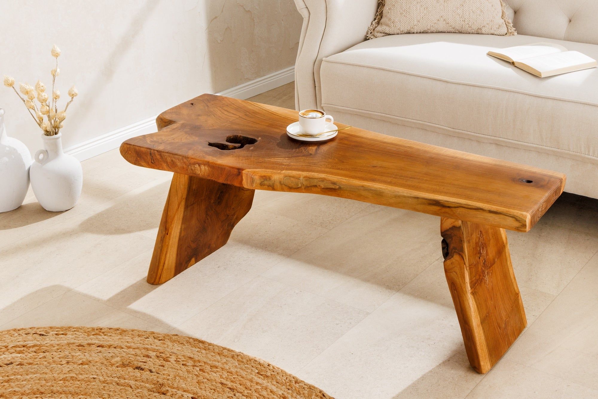 Massief houten bank ROOT 100 cm – Bruin naturel teak van Invicta Interior