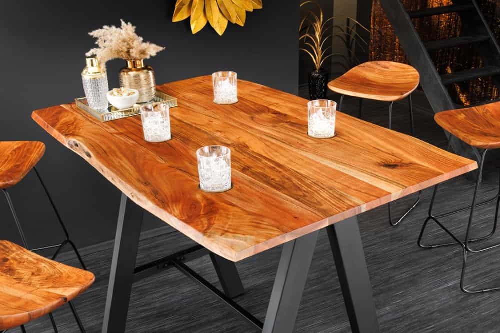 Massief Houten Bartafel MAMMUT – 120 cm Natuurlijke Acacia met Zwarte Metalen Rand