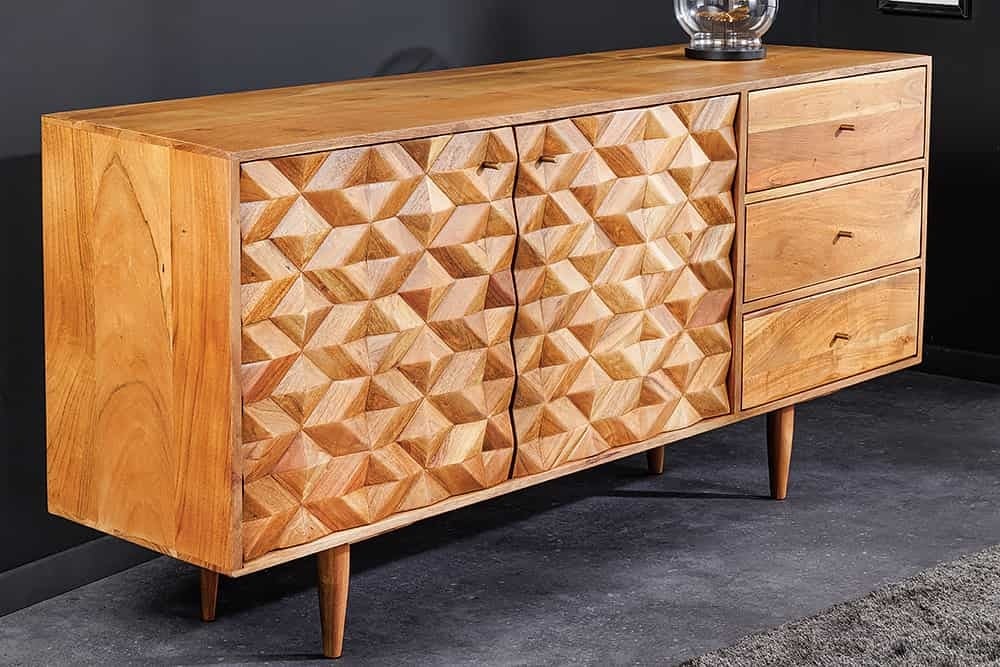 Massief houten dressoir ALPINE – 145 cm acacia retro met honingkleurige afwerking