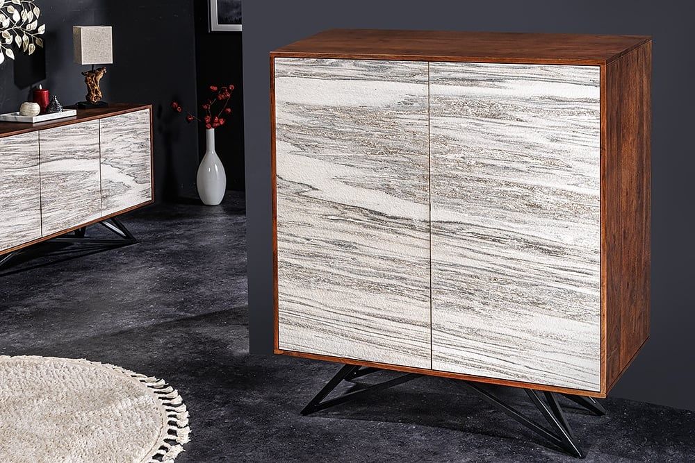 Massief houten dressoir Mountain Soul – 120 cm, witte acacia & natuurlijke marmer