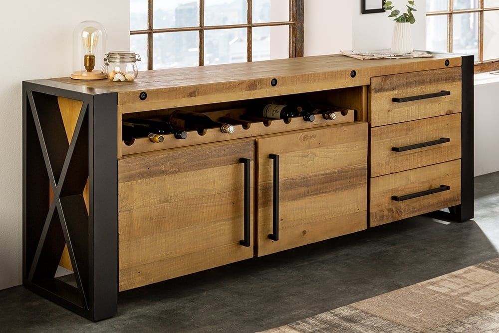 Massief houten dressoir THOR – 195 cm vintage bruin, gerecycled grenen, industrieel design | Invicta Interior