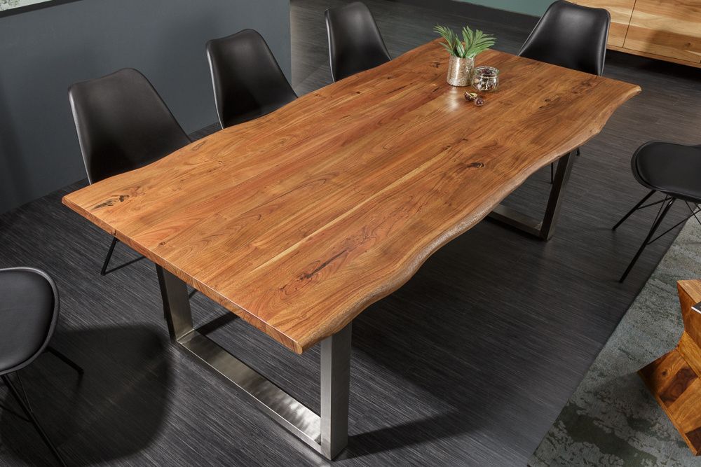 Massief Houten Eettafel MAMMUT NATURE – 180 cm Acaciahout met Roestvrijstalen Boomrand