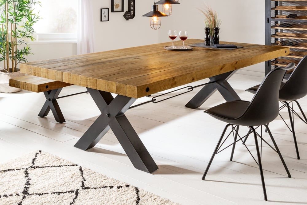 Massief houten eettafel THOR – 200 cm vintage bruin met industrieel X‑frame