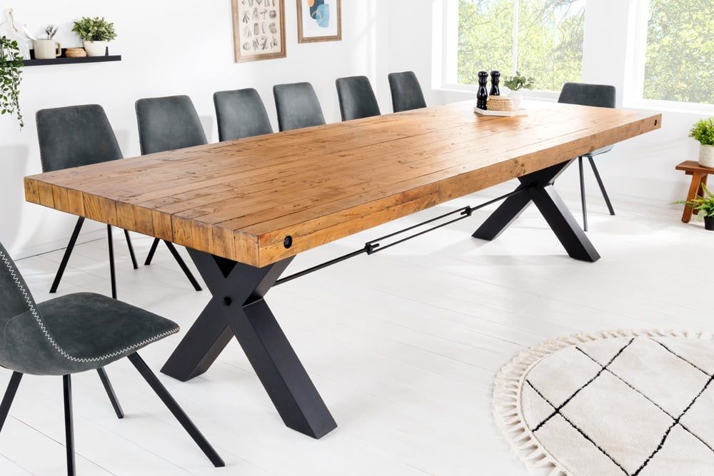 Massief houten eettafel THOR – 300 cm vintage bruin met industrieel X‑frame