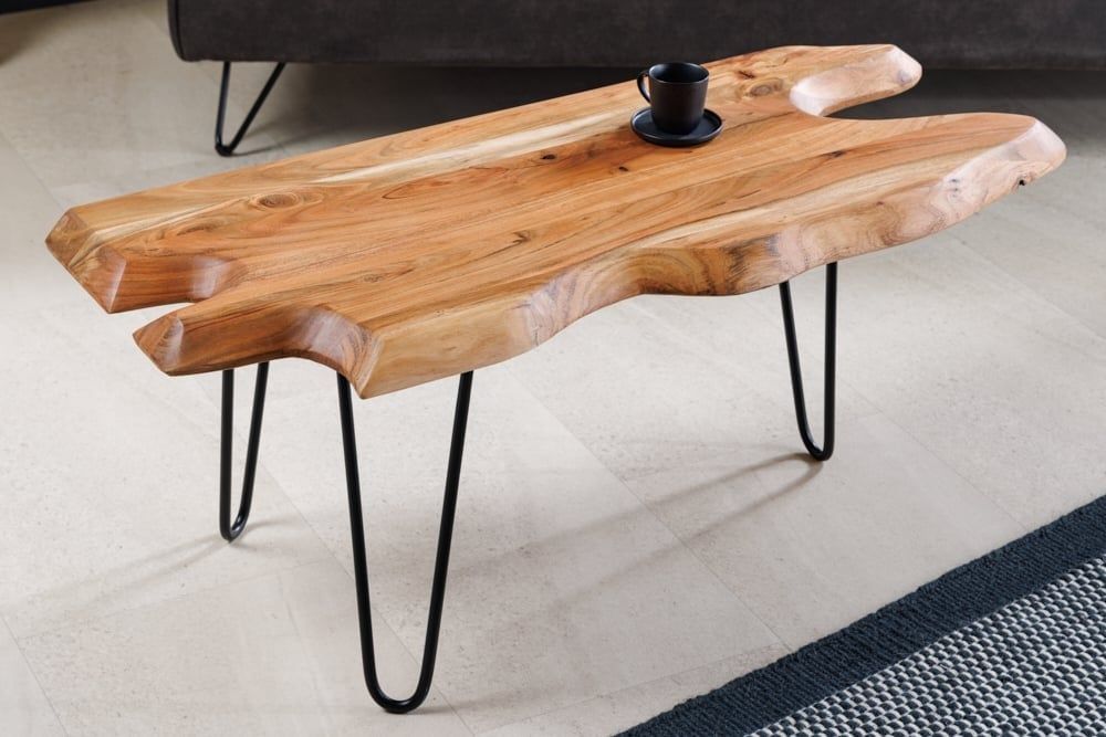 Massief houten salontafel WILD – 100 cm, natuurlijk acacia met haarspeldpoten – Invicta Interior