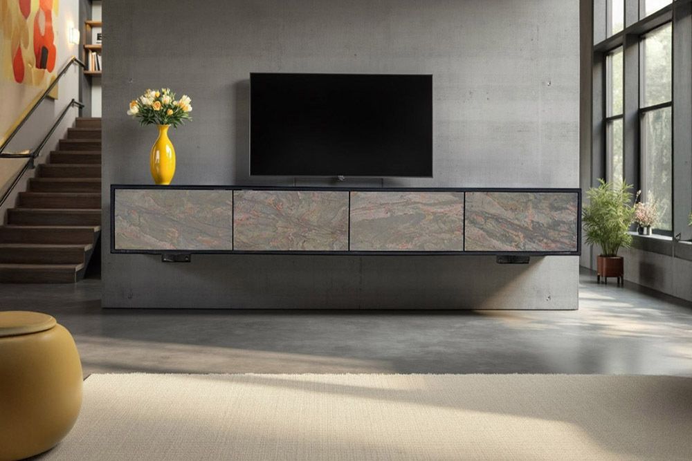 Massief houten TV lowboard Mountain Soul – 200 cm acacia, groen‑brons & hangend natuursteen