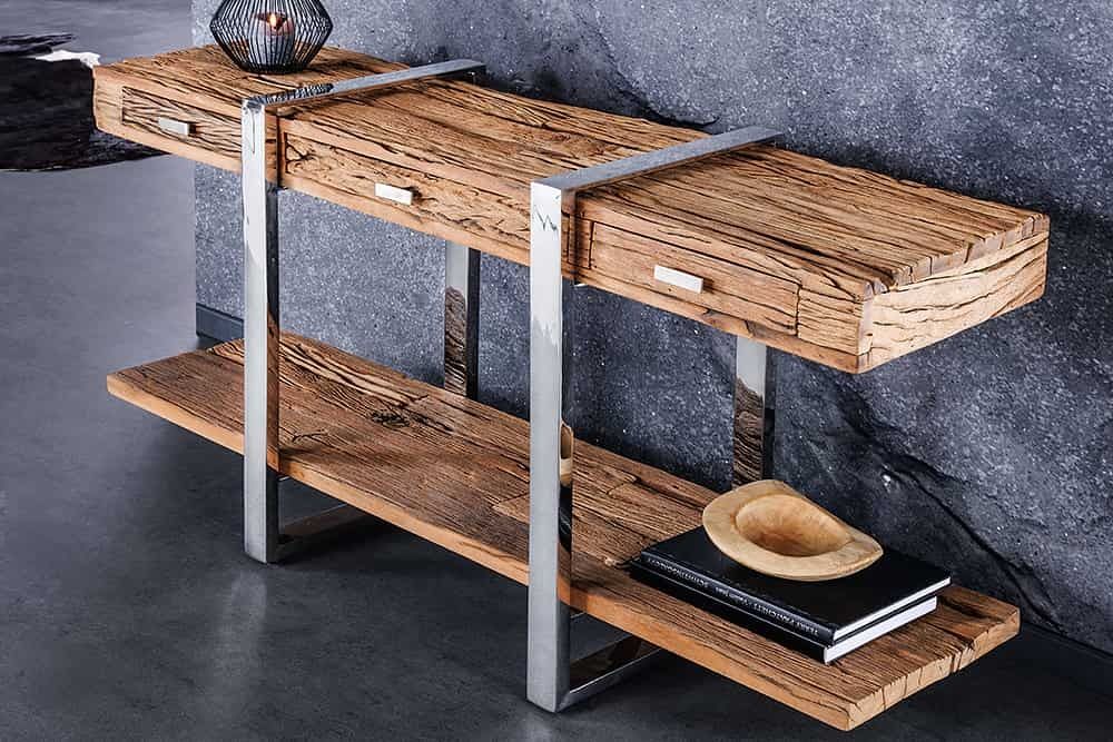 Massief houten wandtafel BARRACUDA 140 cm – stijlvolle teakzilver met chroomaccent