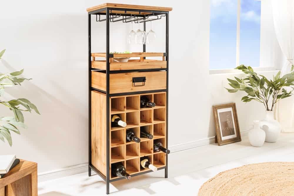 Massief houten wijnrek SEVENS SEAS – 120 cm natuurlijk grenenhout met zwart metalen frame