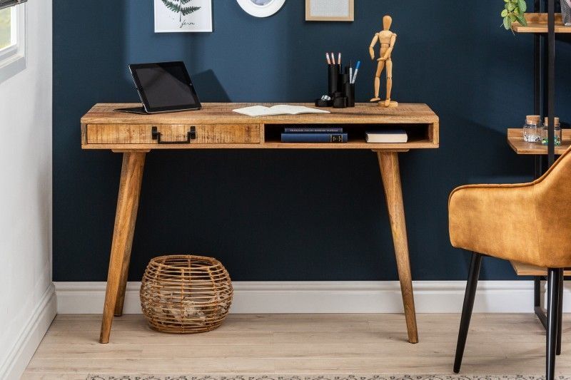 Massief Mangohouten Kantoortafel RETRO 120 cm – Stijlvolle Werkplek met Laden