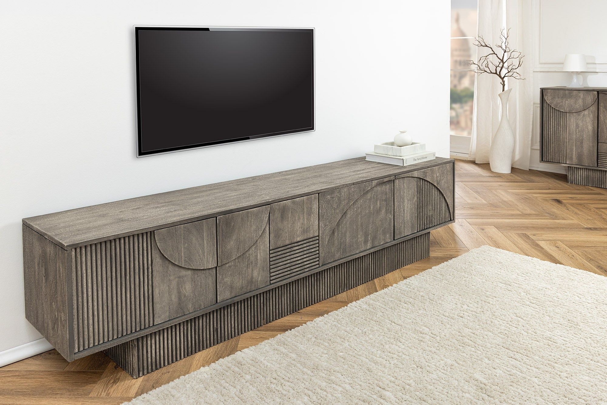 Massief Mangohouten Lowboard 200 cm – Art Deco Stijl in Grijs Gerookt Design