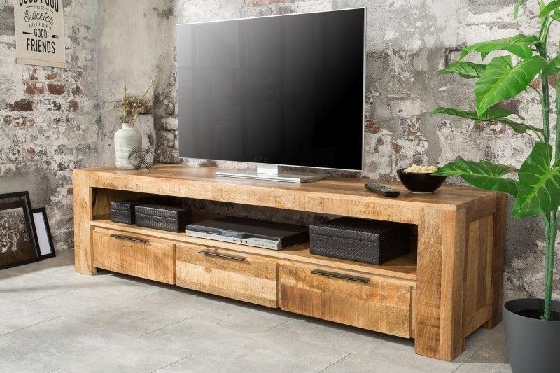 Massief Mangohouten TV‑meubel IRON CRAFT – 170 cm lowboard met 3 lades